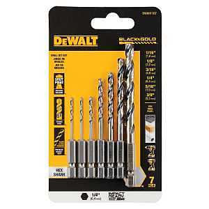 DEWALT7PC IMPACT READY
DRILL BIT SET HSS BLACK/GOLD
METAL, WOOD AND PVC, INCLUDES:
INCLUDES (2) 1/16", (1) 1/8",
(1) 3/16" (1) 1/4",(1) 5/16" 
(1) 3/8" *PROMO PRICE LIMITED TO
STOCK ON HAND ONLY* - A.W. Graham Lumber LLC