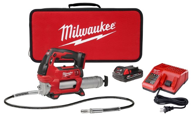 Main 1 - MILWAUKEE 2646-21CT 18V 2 SPD
GREASE GUN KIT 2646-21CT
INCLUDES: GREASE GUN, CHARGER,
BATTERY, HOSE, GREASE COUPLER,
CARRYING CASE, SHOULDER STRAP
UPC: 045242287659 -