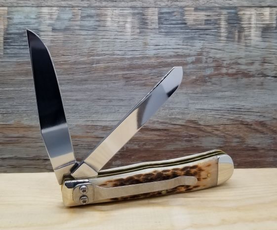 Main 3 - CASE TRAPPER W/CLIP AMBER BONE PEACH SEED 2-BLADE -