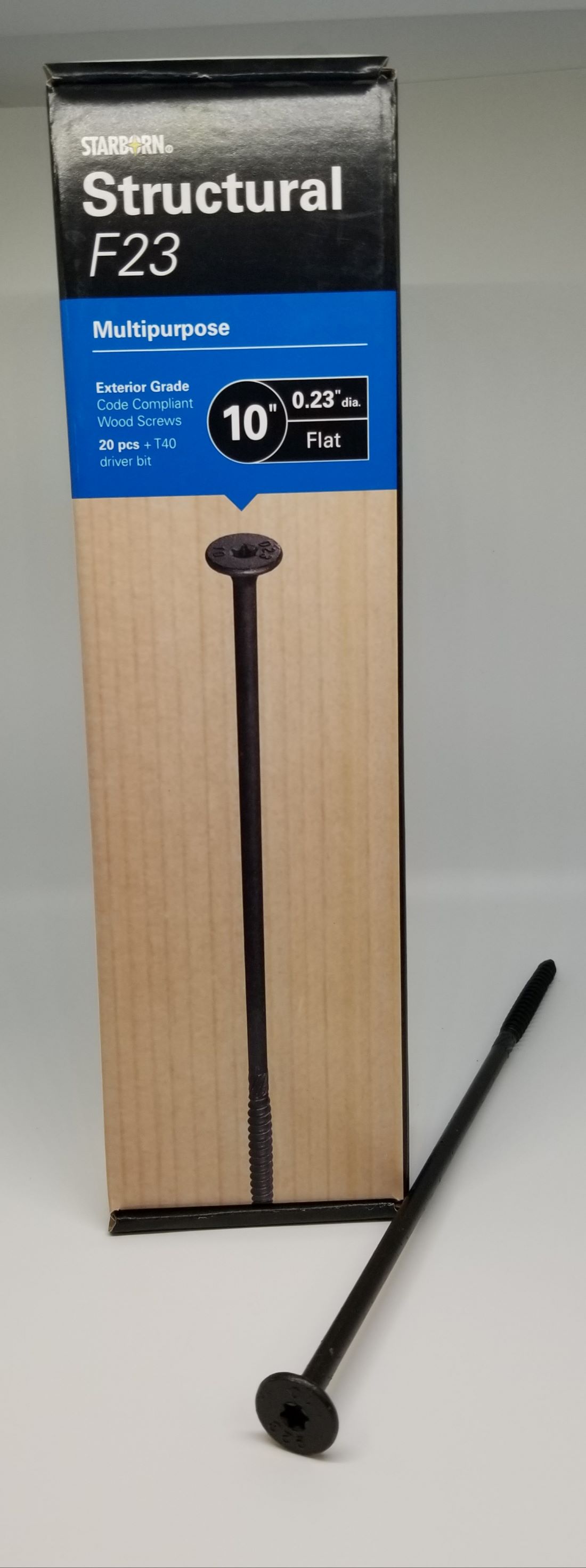 *F23 0.23 x 10" STARBORN FLAT
HEAD (BLUE BOX) MULTIPURPOSE
STRUCTURAL EXTERIOR SCREW
APPROX.20 PER BX  
UPC:099385140678 - A.W. Graham Lumber LLC
