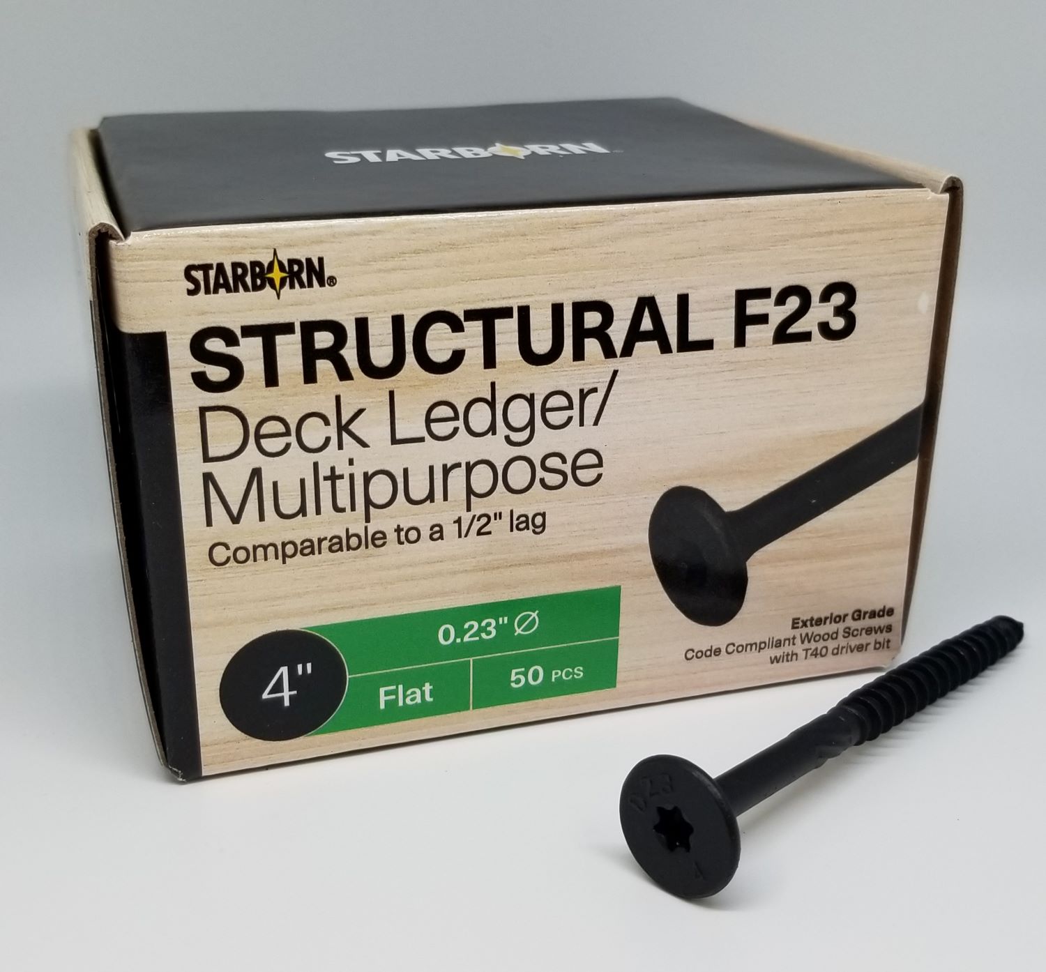 *F23 0.23 x 4" STARBORN FLAT
HEAD (GREEN BOX) DECK
LEDGER/MULTIPURPOSE STRUCTURAL
EXTERIOR SCREW APPROX 20 PER BOX
UPC:099385140630 - A.W. Graham Lumber LLC