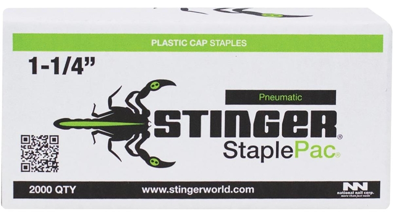 Main 1 - 1-1/4" PNUEMATIC STINGER PLASTIC
CAP STAPLES 2000/BX NATIONAL
NAIL 136074 UPC: 042928129449   
Crown:7/16 in Leg
Length:1-1/4 in Point
Type:Chisel -